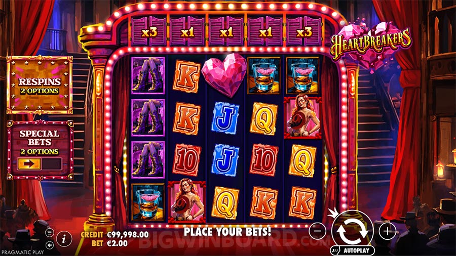 Heartbreakers Slot base game — 5x4 reels with per-reel multipliers, Respins and Special Bets panels