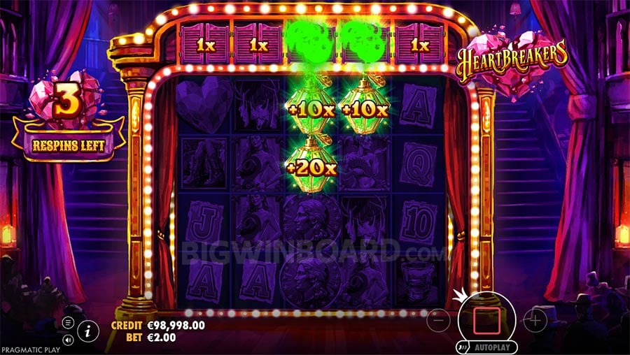 Heartbreakers Slot gameplay showing coloured bottle collect symbols and reel multipliers