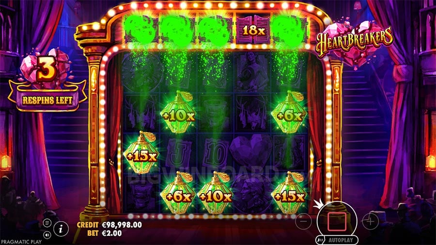 Heartbreakers Slot respins bonus feature with climbing multipliers
